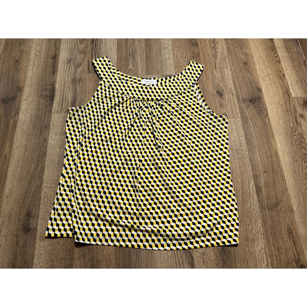 Calvin Klein Shirts Women Size L Yellow Geometric Tank Sleeveless Top Pleated